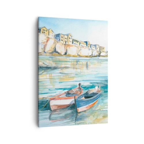 Quadro su tela - Stampe su Tela - Un pittoresco paesaggio costiero con barche sull'acqua - 50x70cm - Paesaggio in azzurro - Decorazione murale moderna per soggiorno e camera da letto ARTTOR