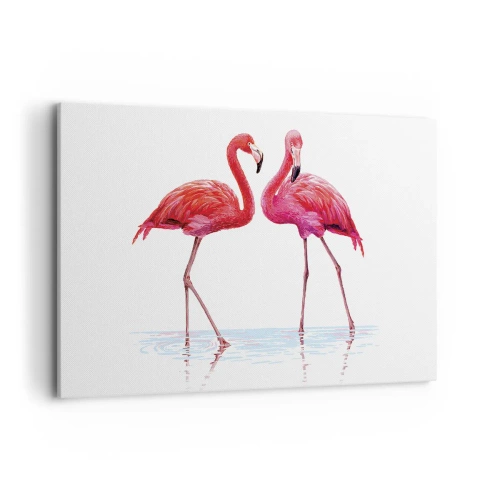 Quadro su tela - Stampe su Tela - Una coppia di fenicotteri nell'acqua su uno sfondo chiaro - 120x80cm - Appuntamento in rosa - Decorazione murale moderna per soggiorno e camera da letto ARTTOR