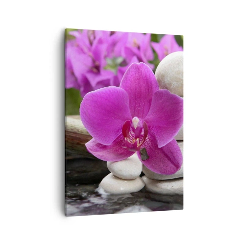 Quadro su tela - Stampe su Tela - Orchidea viola, pietre e bambù con acqua in un ambiente rilassante - 50x70cm - E già ti riposi - Decorazione murale moderna per soggiorno e camera da letto ARTTOR