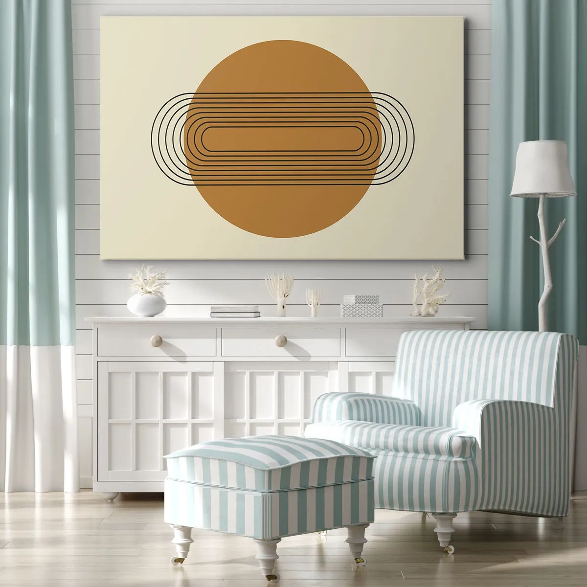 Quadro su tela - Stampe su Tela - Motivo geometrico con cerchi e linee arancioni - 70x50cm - Piano perfetto - Decorazione murale moderna per soggiorno e camera da letto ARTTOR