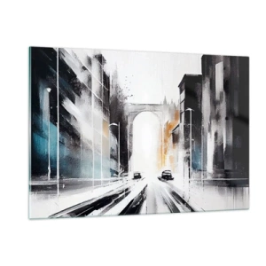 Quadro su vetro - Una strada cittadina dinamica con auto e un arco sullo sfondo, in stile pittorico. - 120x80cm - Studio di città: architettura e movimento - Decorazione murale moderna per soggiorno e camera da letto ARTTOR