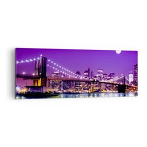 Quadro su tela - Stampe su Tela - Ponte di Brooklyn di notte con la città illuminata e la luna piena - 140x50cm - Luce della grande città in viola - Decorazione murale moderna per soggiorno e camera da letto ARTTOR