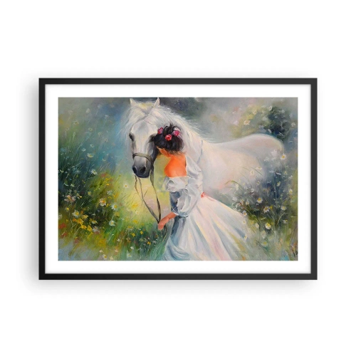 Poster in cornice nera - Una donna con un cavallo bianco in un ambiente pittoresco - 70x50cm - Come in un bel sogno - Decorazione murale moderna per soggiorno e camera da letto ARTTOR