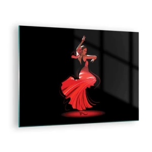 Quadro su vetro - Ballerina di flamenco in abito rosso su sfondo nero - 70x50cm - Lo spirito focoso del flamenco - Decorazione murale moderna per soggiorno e camera da letto ARTTOR