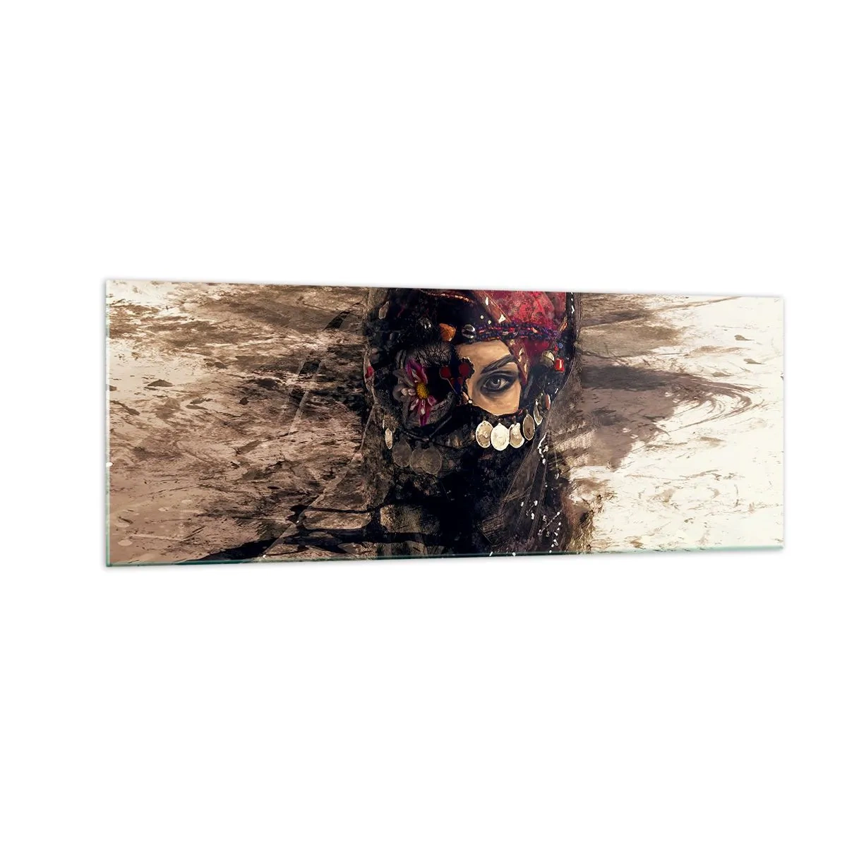 Quadro su vetro - Ritratto artistico di una donna in abiti orientali su uno sfondo astratto. - 140x50cm - Quantomeno inquietante - Decorazione murale moderna per soggiorno e camera da letto ARTTOR