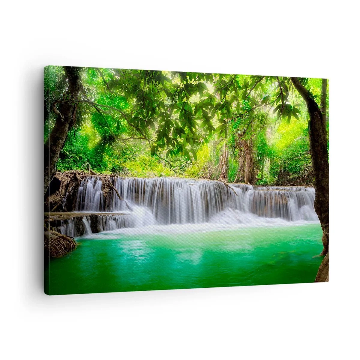 Quadro su tela - Stampe su Tela - Una cascata verde circondata da una fitta vegetazione tropicale - 70x50cm - Cascata nel verde - Decorazione murale moderna per soggiorno e camera da letto ARTTOR