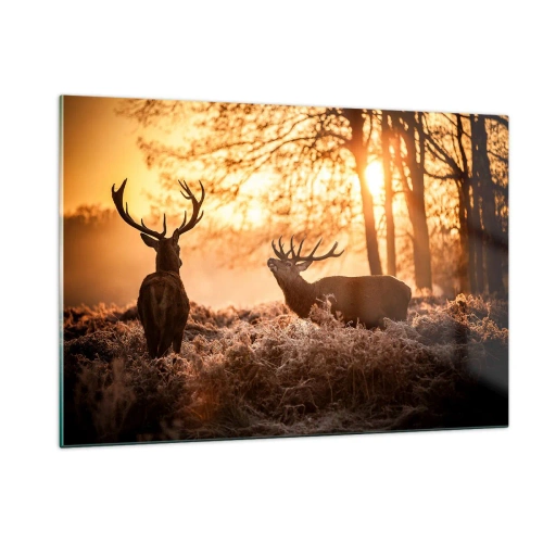 Quadro su vetro - Due cervi in una scena di foresta all'alba - 120x80cm - Il sogno del cacciatore - Decorazione murale moderna per soggiorno e camera da letto ARTTOR