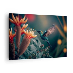 Quadro su tela - Stampe su Tela - Un colibrì colorato tra i fiori su uno sfondo naturale - 70x50cm - Una vita davvero a colori - Decorazione murale moderna per soggiorno e camera da letto ARTTOR