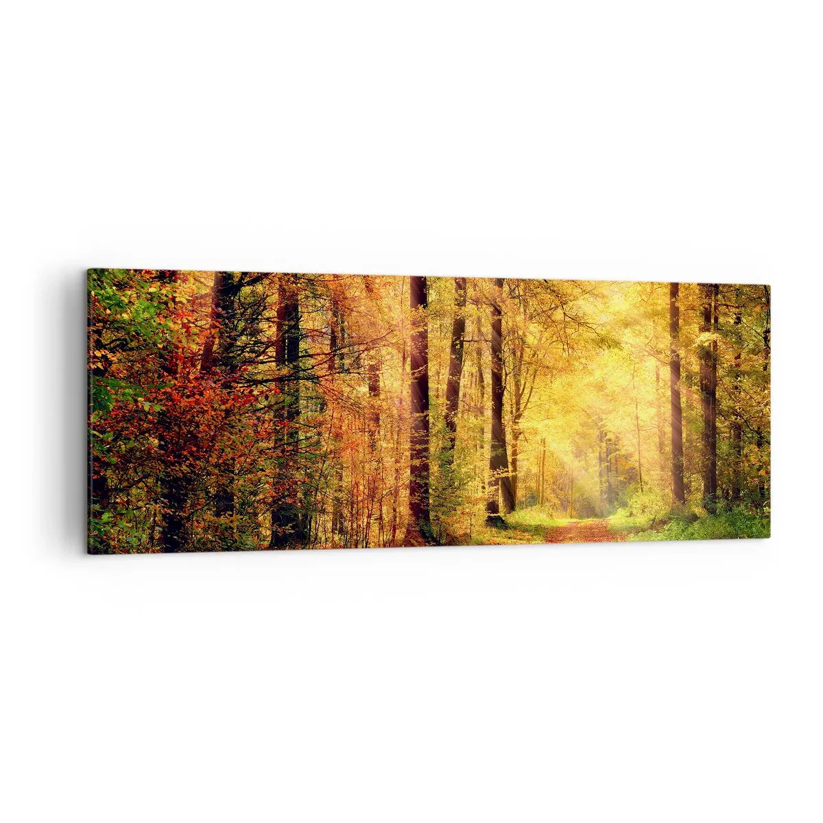 Quadro su tela - Stampe su Tela - Un sentiero nel bosco circondato da alberi dorati e verdi - 140x50cm - Il silenzio d'oro del bosco - Decorazione murale moderna per soggiorno e camera da letto ARTTOR