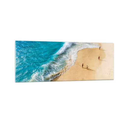Quadro su vetro - Una spiaggia con acqua turchese e gente che cammina intorno - 140x50cm - E poi il sole, la spiaggia... - Decorazione murale moderna per soggiorno e camera da letto ARTTOR