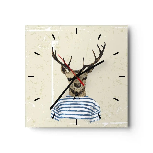 Orologio da parete - Orologio in Vetro - Un cervo con una camicia a righe su uno sfondo chiaro con una trama delicata - 30x30cm - Mi piacciono le camicie a righe! - Decorazione murale moderna per soggiorno e camera da letto ARTTOR