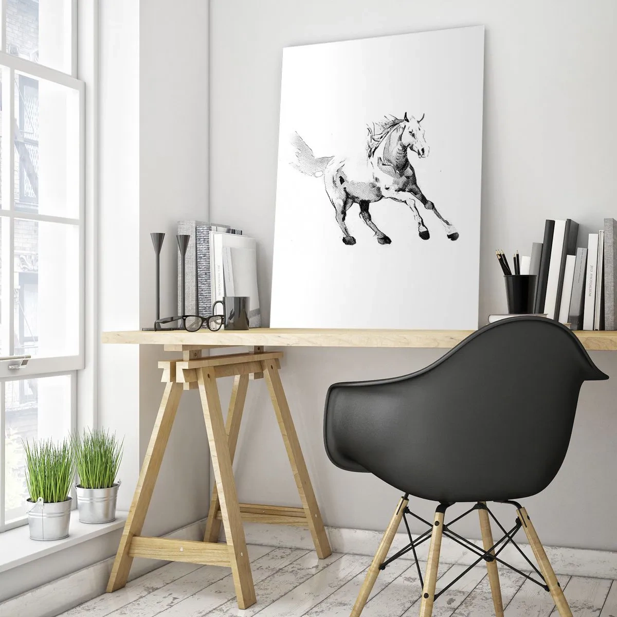 Quadro su vetro - Schizzo di un cavallo al galoppo nei toni del bianco e nero - 70x100cm - Anima indomabile - Decorazione murale moderna per soggiorno e camera da letto ARTTOR