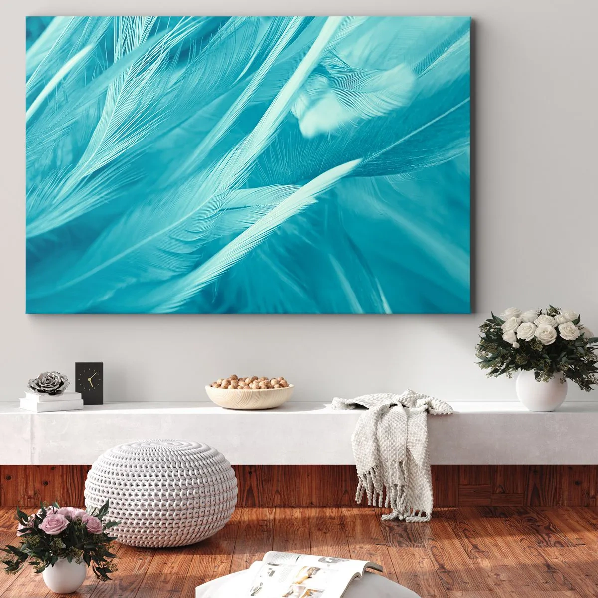 Quadro su tela - Stampe su Tela - Delicate piume turchesi in primo piano - 70x50cm - Annegare nel morbido - Decorazione murale moderna per soggiorno e camera da letto ARTTOR