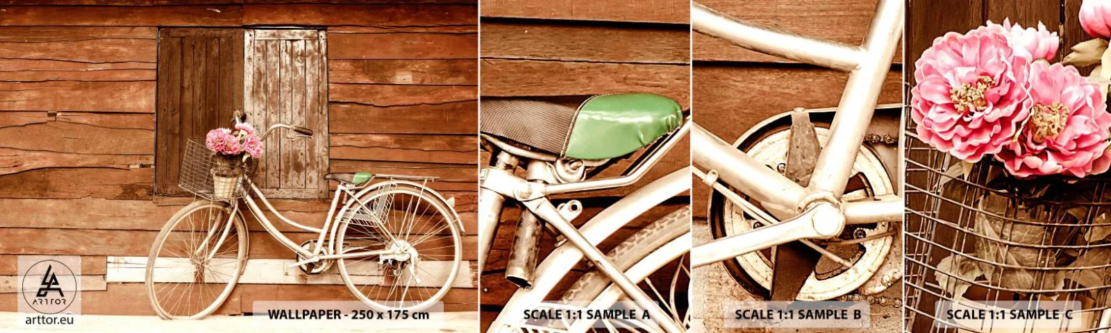 Campione Di Fotomurale Standard Eco - Torno subito - Bicicletta, Fiori, Casa di legno - 100x30 cm
