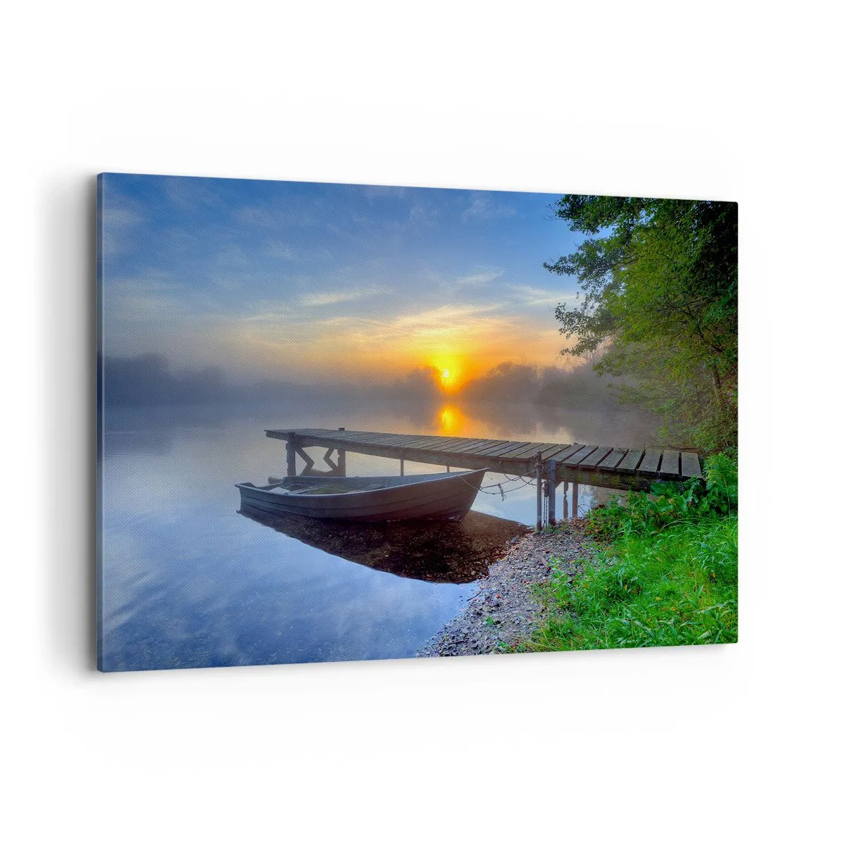 Quadro su tela - Stampe su Tela - Un molo sul lago all'alba con una barca sulla riva - 120x80cm - Come la normalità diventa magica - Decorazione murale moderna per soggiorno e camera da letto ARTTOR