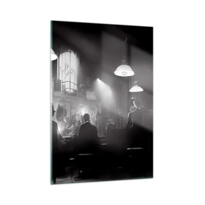 Quadro su vetro - Palco jazz in bianco e nero all'interno di un club - 50x70cm - Nell'atmosfera jazz - Decorazione murale moderna per soggiorno e camera da letto ARTTOR