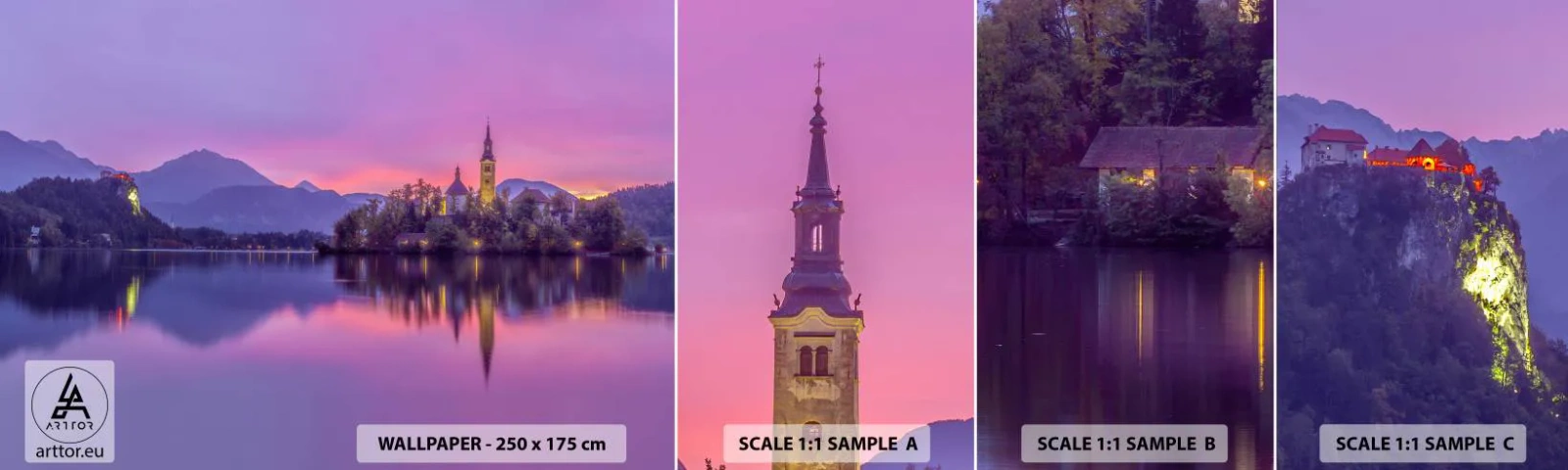 Campione Di Fotomurale Standard Eco - Isola favolosa al crepuscolo - Paesaggio, Slovenia, Isola di Bled - 100x30 cm