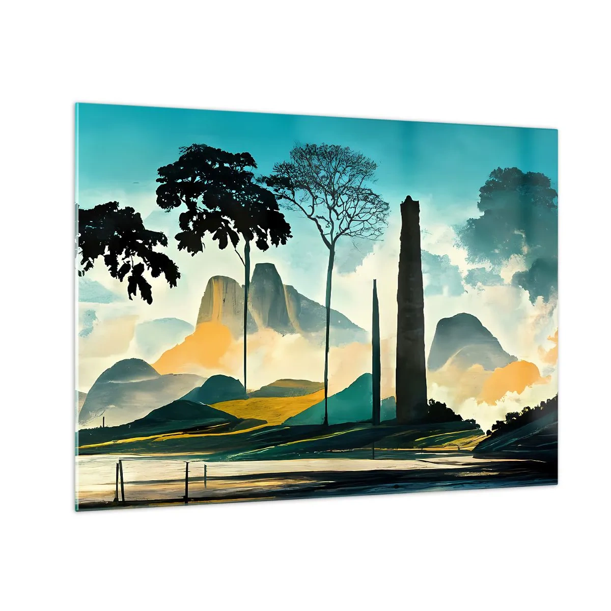 Quadro su vetro - Un paesaggio fantastico con montagne, alberi e una roccia imponente - 70x50cm - Sempre più in alto - Decorazione murale moderna per soggiorno e camera da letto ARTTOR