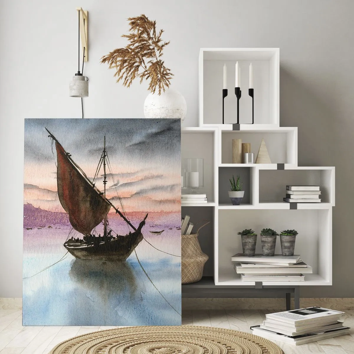Quadro su vetro - Due barche a vela in acque calme al tramonto - 50x70cm - La sera nel porto - Decorazione murale moderna per soggiorno e camera da letto ARTTOR