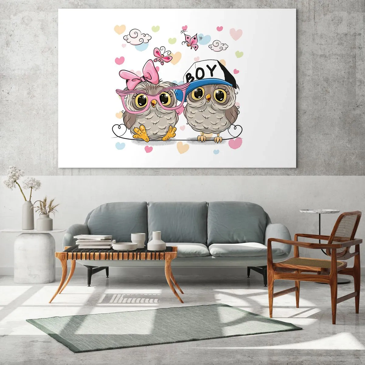 Quadro su vetro - Una coppia di allegri gufi in una composizione pastello - 120x80cm - Amiamoci! - Decorazione murale moderna per soggiorno e camera da letto ARTTOR