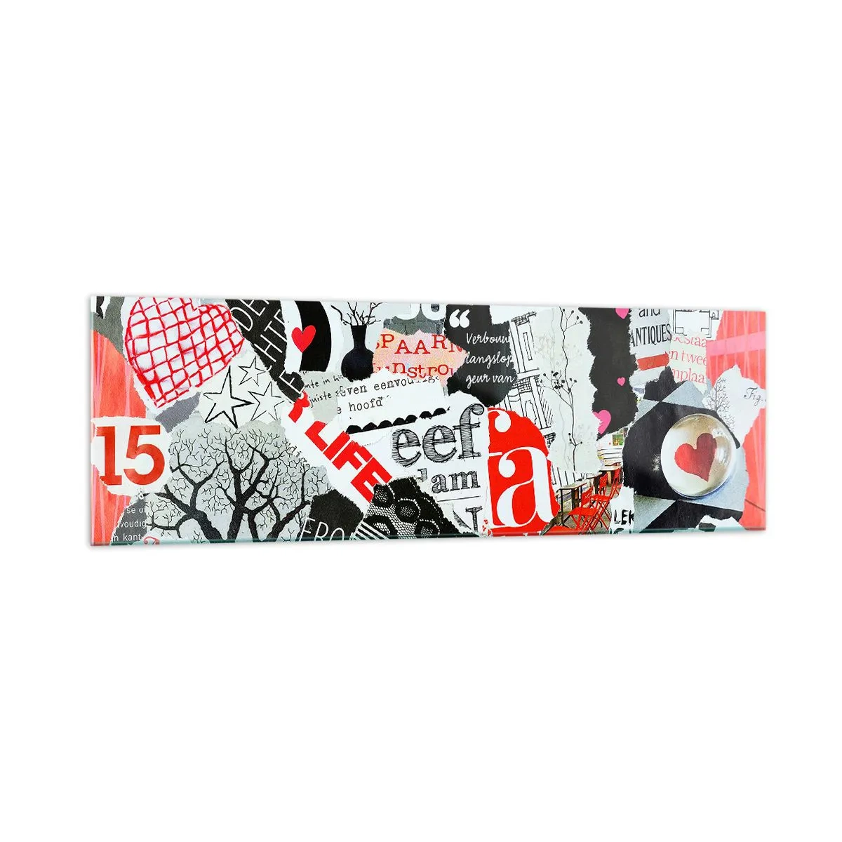 Quadro su vetro - Un collage colorato con iscrizioni, cuori e grafiche. - 160x50cm - Collage hipster - Decorazione murale moderna per soggiorno e camera da letto ARTTOR