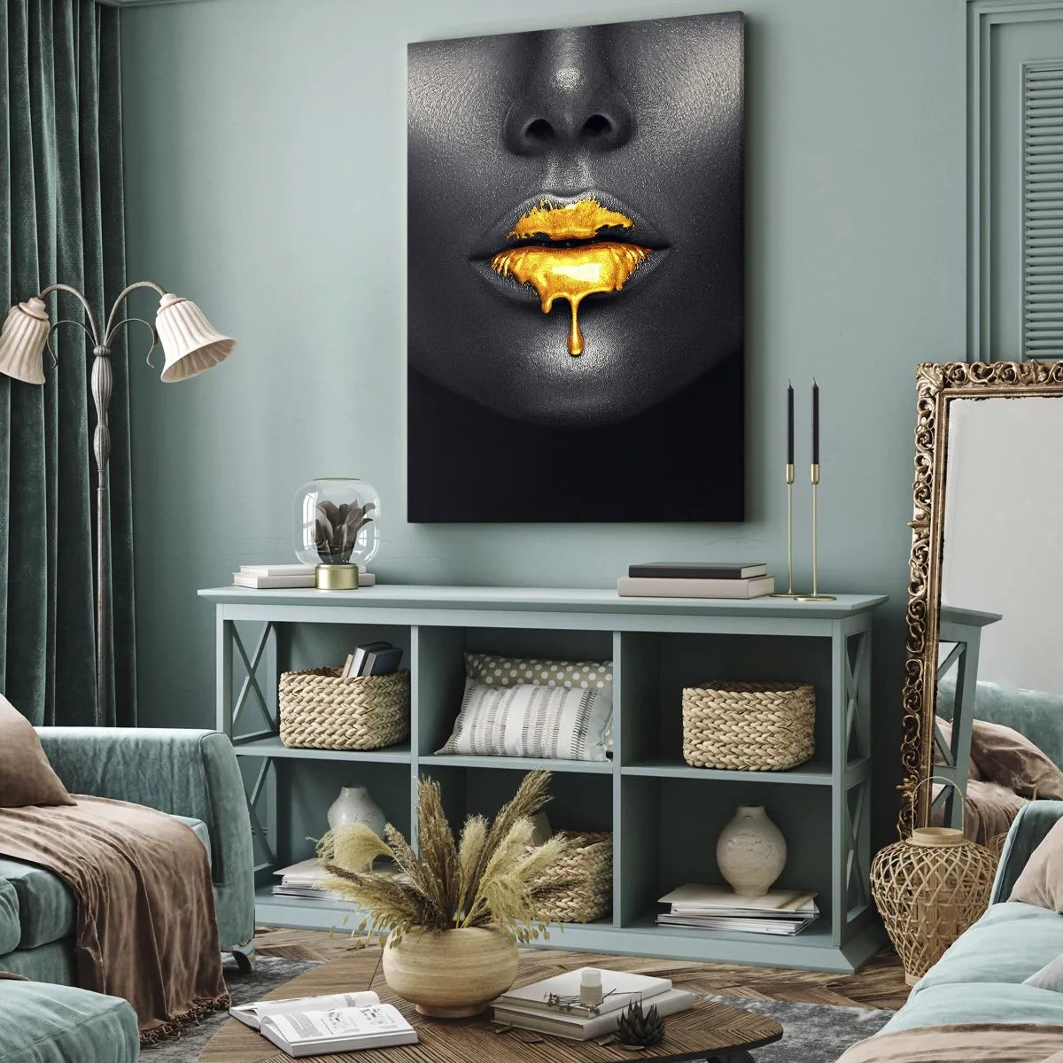 Quadro su tela - Stampe su Tela - Ritratto nero e oro di una donna con una goccia d'oro sulle labbra - 50x70cm - Boccadoro - Decorazione murale moderna per soggiorno e camera da letto ARTTOR