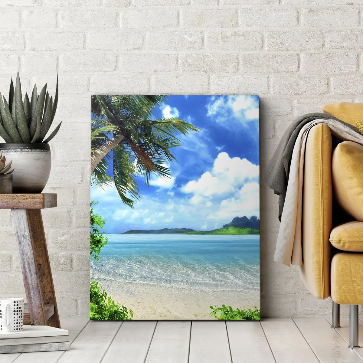 Quadro su tela - Stampe su Tela - Spiaggia tropicale con palme e vista sull'isola - 70x100cm - L'azzurro dei tropici - Decorazione murale moderna per soggiorno e camera da letto ARTTOR