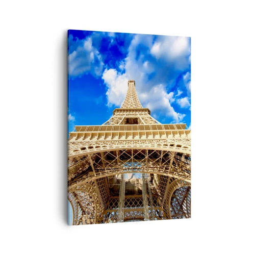 Quadro su tela - Stampe su Tela - La Torre Eiffel dal basso contro un cielo blu - 50x70cm - Toccare il cielo e le nuvole - Decorazione murale moderna per soggiorno e camera da letto ARTTOR