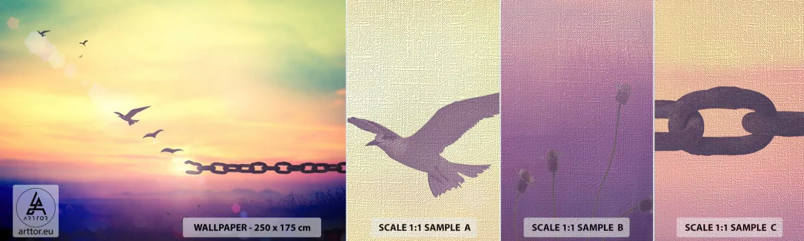 Campione di Fotomurale Premium Canvas - La vittoria della libertà - Astrazione, Uccelli, Pezzo - 100x30 cm