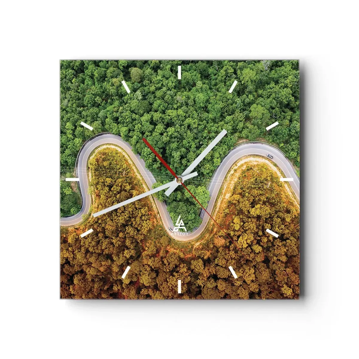 Orologio da parete - Orologio in Vetro - Una strada tortuosa attraverso la foresta vista da una prospettiva a volo d'uccello - 30x30cm - Confine e separazione - Decorazione murale moderna per soggiorno e camera da letto ARTTOR