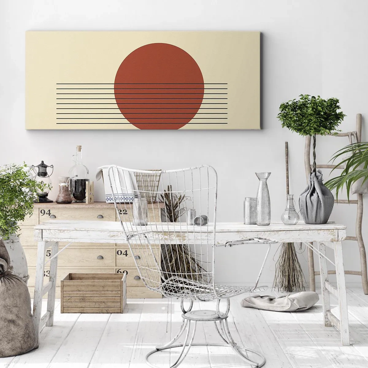 Quadro su tela - Stampe su Tela - Cerchio rosso astratto con linee su sfondo beige. - 160x50cm - Nel cerchio e oltre - Decorazione murale moderna per soggiorno e camera da letto ARTTOR