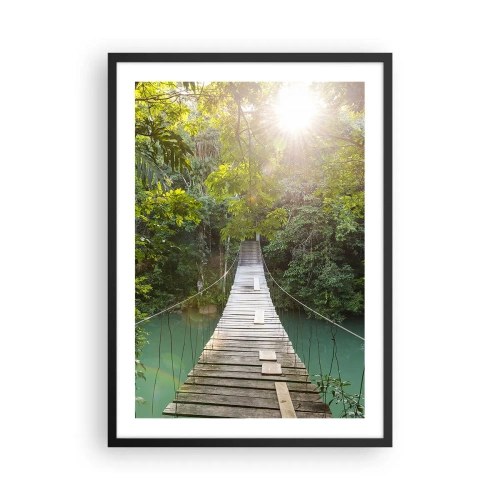 Poster in cornice nera - Ponte di legno in una foresta tropicale con raggi di sole - 50x70cm - Sull'acqua azzurra verso il bosco azzurro - Decorazione murale moderna per soggiorno e camera da letto ARTTOR