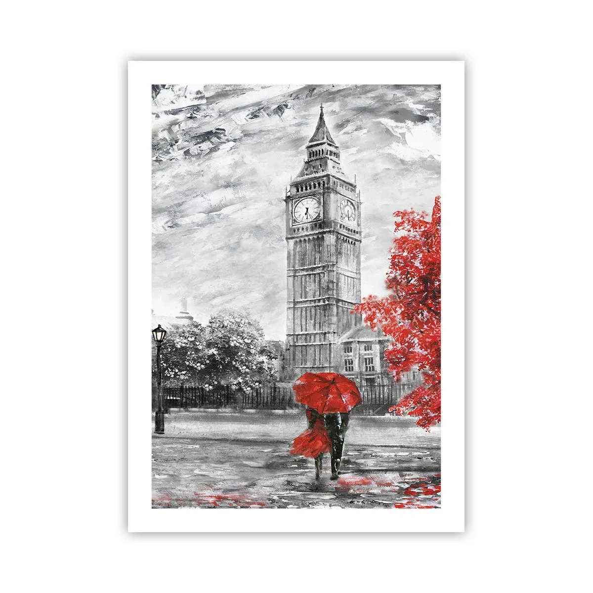 Poster - Torre dell'orologio con ombrello rosso - 50x70cm - Un giorno eccitante - Decorazione murale moderna per soggiorno e camera da letto ARTTOR