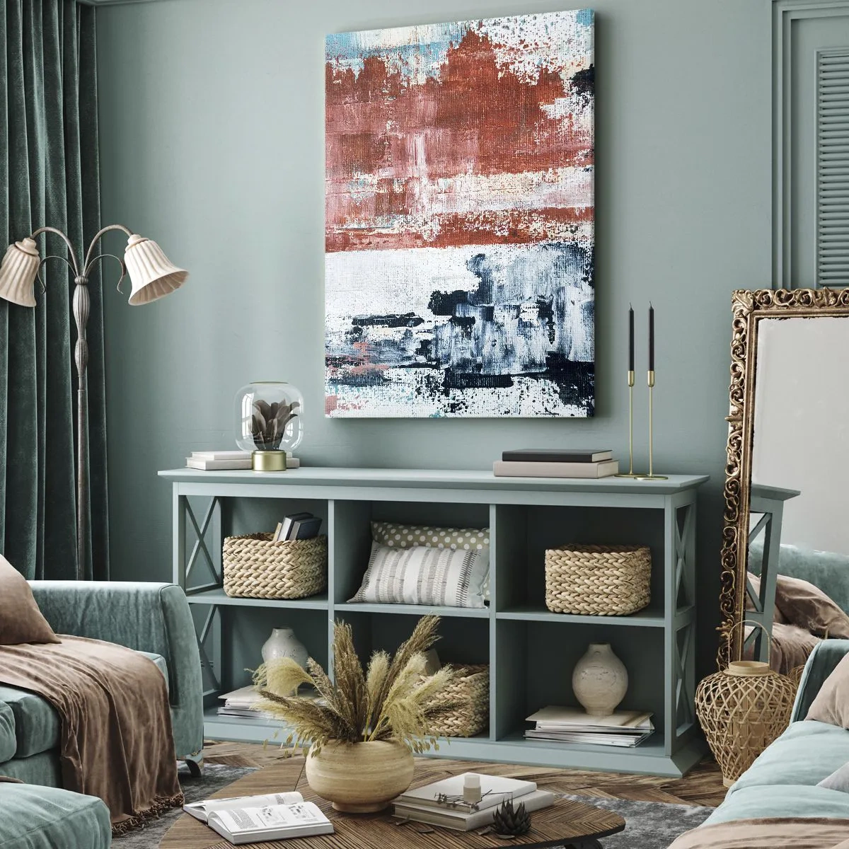 Quadro su tela - Stampe su Tela - Astrazione nei colori bianco, blu e mattone - 70x100cm - Astratto in due metà - Decorazione murale moderna per soggiorno e camera da letto ARTTOR