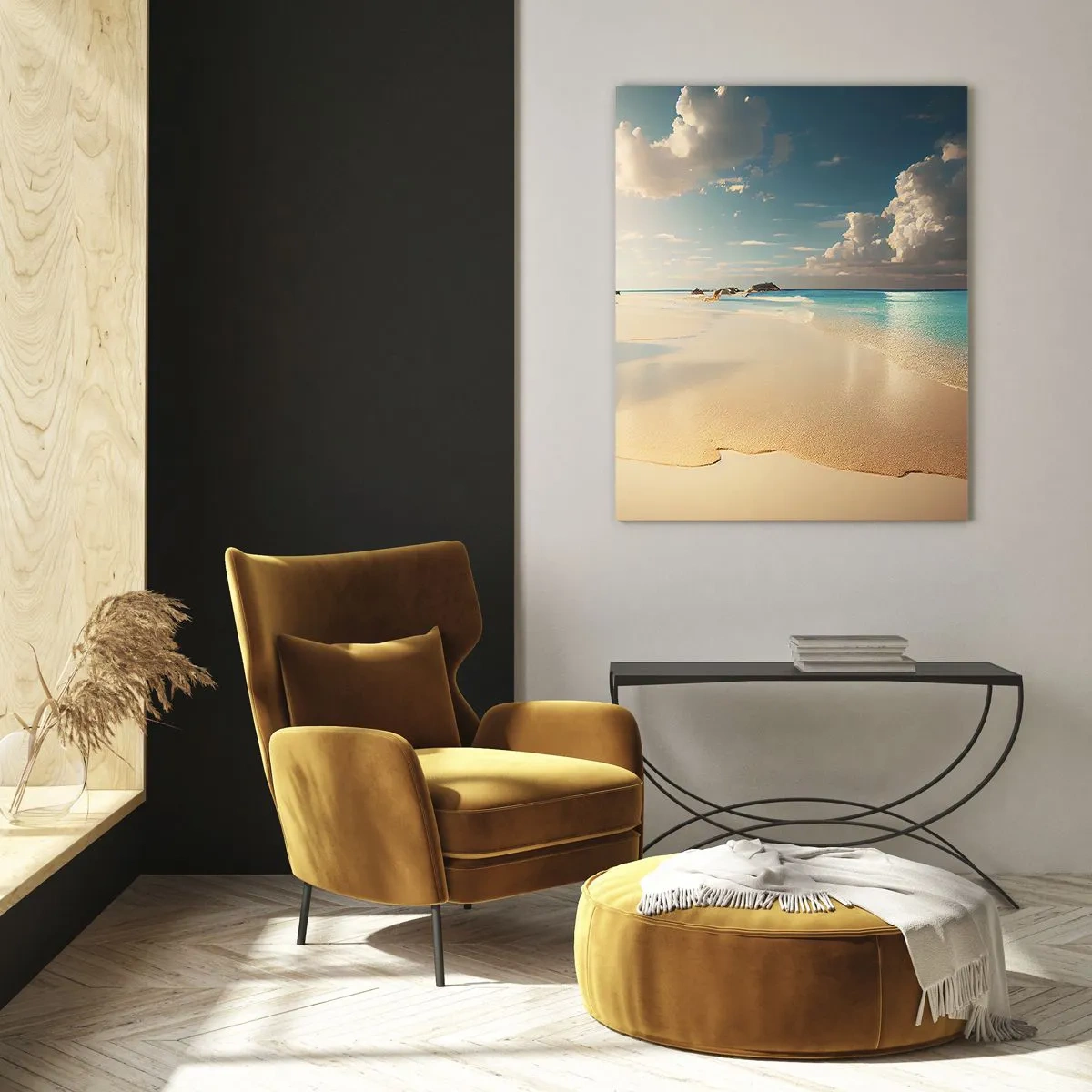 Quadro su vetro - Una spiaggia soleggiata con mare azzurro e rocce - 80x120cm - Giornata ideale - Decorazione murale moderna per soggiorno e camera da letto ARTTOR