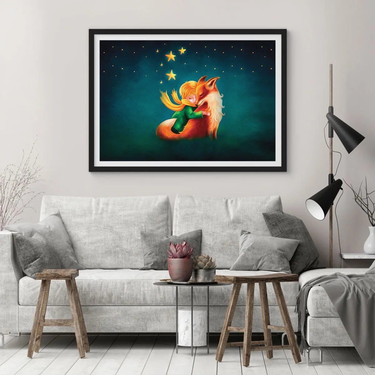 Poster in cornice nera - Un ragazzo con una volpe in un ambiente magico con le stelle - 100x70cm - Il piccolo principe - Decorazione murale moderna per soggiorno e camera da letto ARTTOR