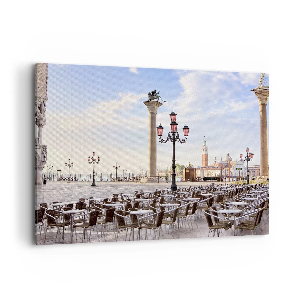 Quadro su tela - Stampe su Tela - Venezia, veduta della piazza con colonne e tavolini dei caffè - 100x70cm - Venite a tavola - Decorazione murale moderna per soggiorno e camera da letto ARTTOR