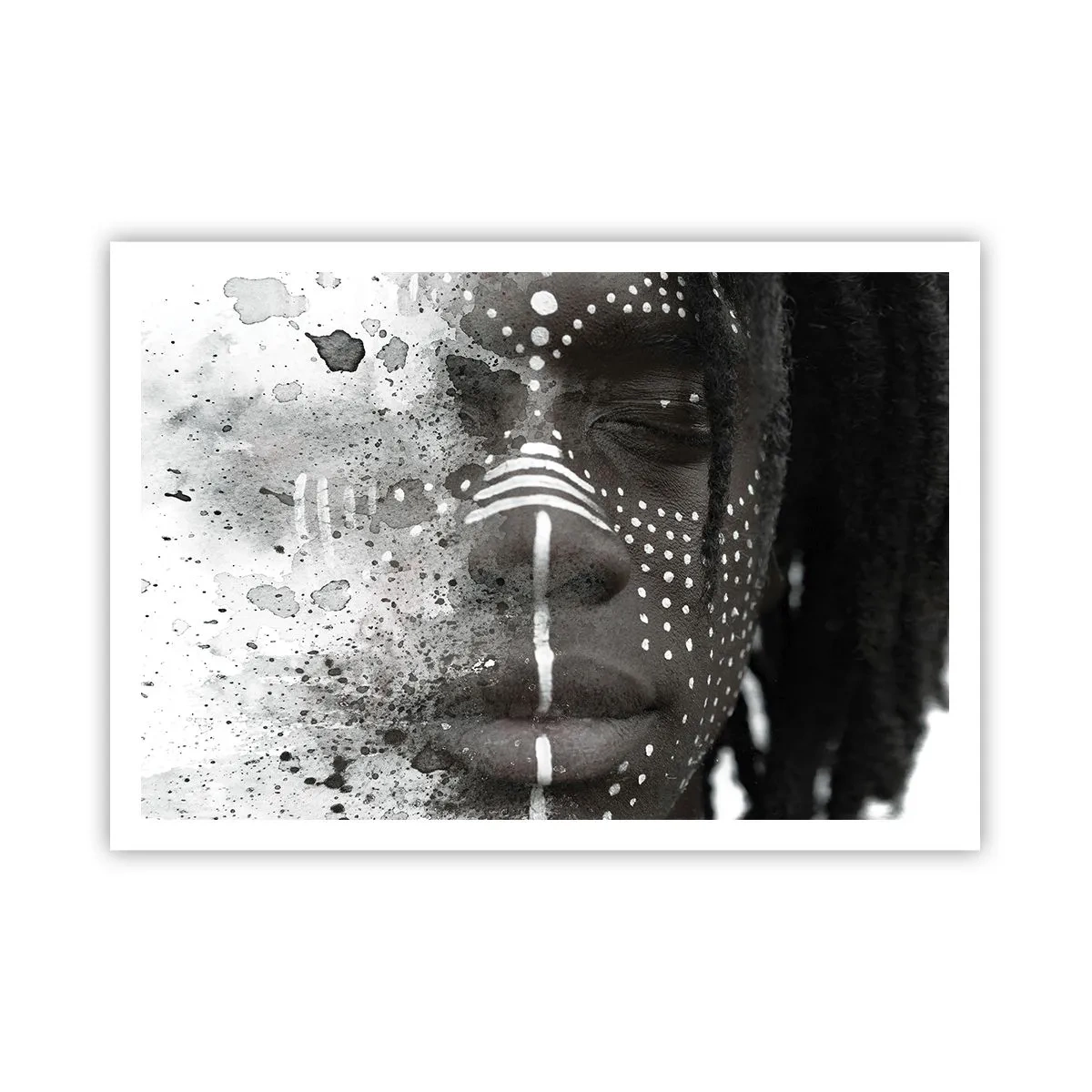 Poster - Ritratto artistico del viso con motivi bianchi astratti - 100x70cm - Scopri lo spirito primordiale - Decorazione murale moderna per soggiorno e camera da letto ARTTOR