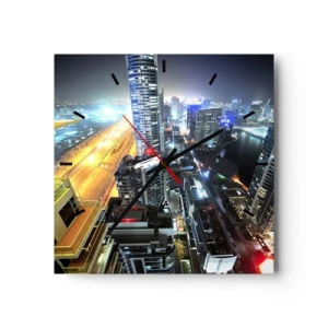 Orologio da parete - Orologio in Vetro - Panorama della città notturna con grattacieli illuminati - 30x30cm - Miracolo nel deserto - Decorazione murale moderna per soggiorno e camera da letto ARTTOR