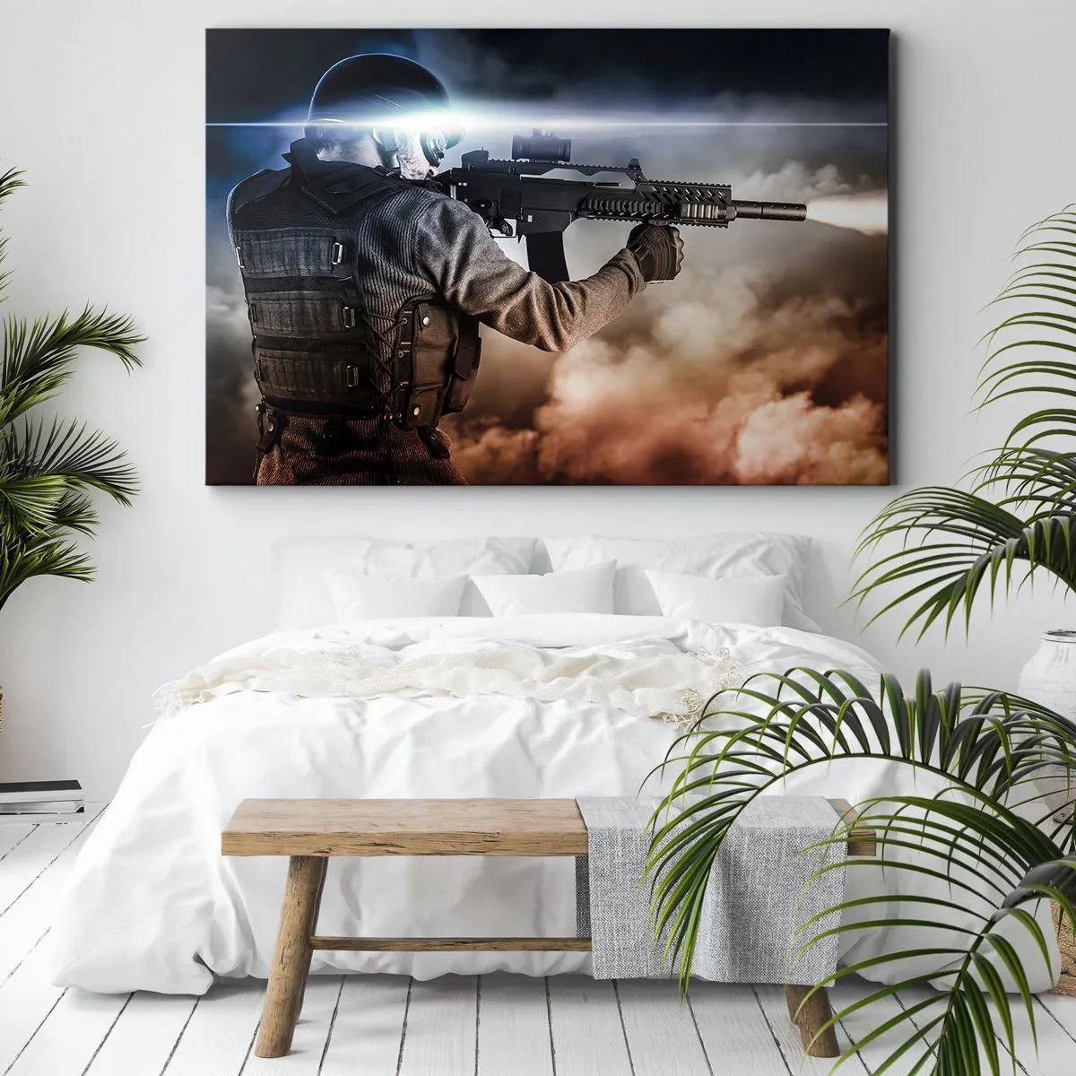 Quadro su tela - Stampe su Tela - Un soldato in azione con un fucile su uno sfondo di nuvole e luci. - 120x80cm - Semplicemente un eroe - Decorazione murale moderna per soggiorno e camera da letto ARTTOR