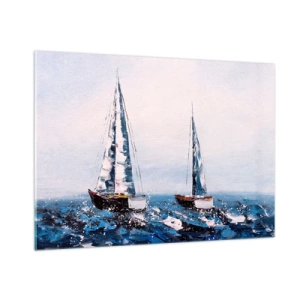 Quadro su vetro - Due yacht su un mare in tempesta in uno stile pittorico impressionista. - 100x70cm - Fratellanza nel vento - Decorazione murale moderna per soggiorno e camera da letto ARTTOR