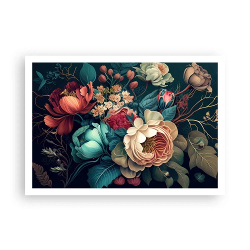 Poster - Una composizione colorata di fiori su uno sfondo scuro - 100x70cm - Il fascino del 19esimo secolo - Decorazione murale moderna per soggiorno e camera da letto ARTTOR