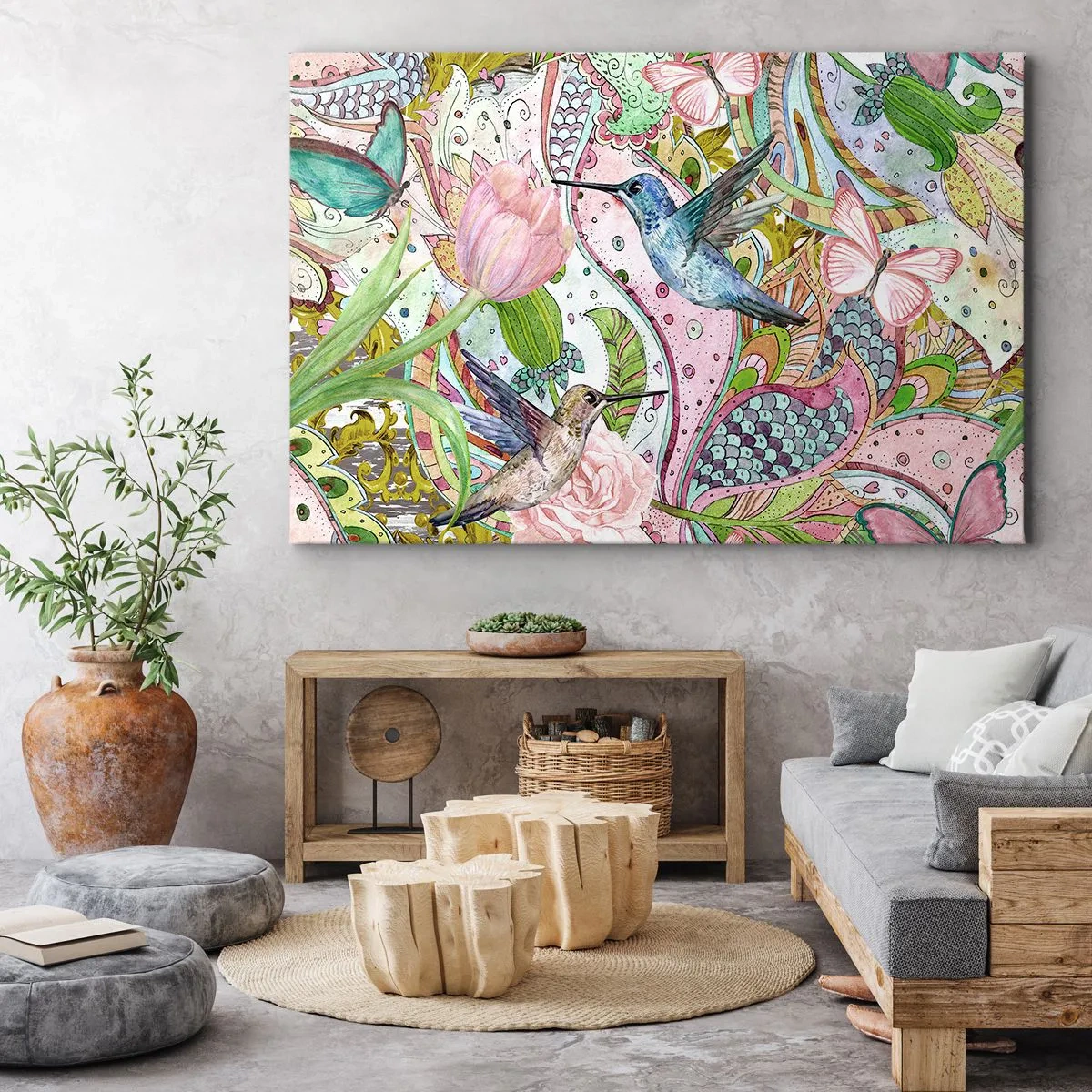 Quadro su tela - Stampe su Tela - Colibrì e farfalle colorati tra le piante - 120x80cm - Intrecciate nei rami - Decorazione murale moderna per soggiorno e camera da letto ARTTOR
