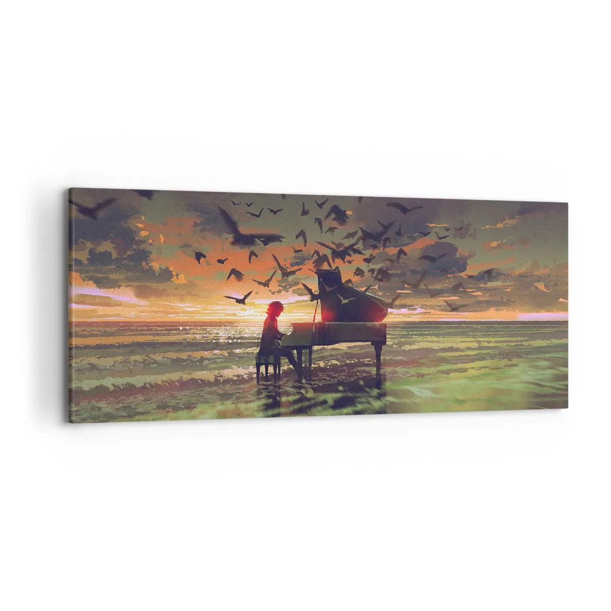 Quadro su tela - Stampe su Tela - Un pianoforte in riva al mare al tramonto con gli uccelli - 120x50cm - Concerto per pianoforte e onde - Decorazione murale moderna per soggiorno e camera da letto ARTTOR