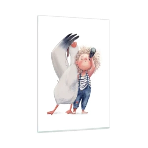 Quadro su vetro - Illustrazione di un bambino con un pellicano e un telescopio in mano - 80x120cm - Il progetto di un grande viaggio - Decorazione murale moderna per soggiorno e camera da letto ARTTOR