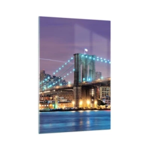 Quadro su vetro - Ponte di Brooklyn di notte con la città illuminata sullo sfondo - 70x100cm - Da tanti anni il ponte di Brooklyn - Decorazione murale moderna per soggiorno e camera da letto ARTTOR