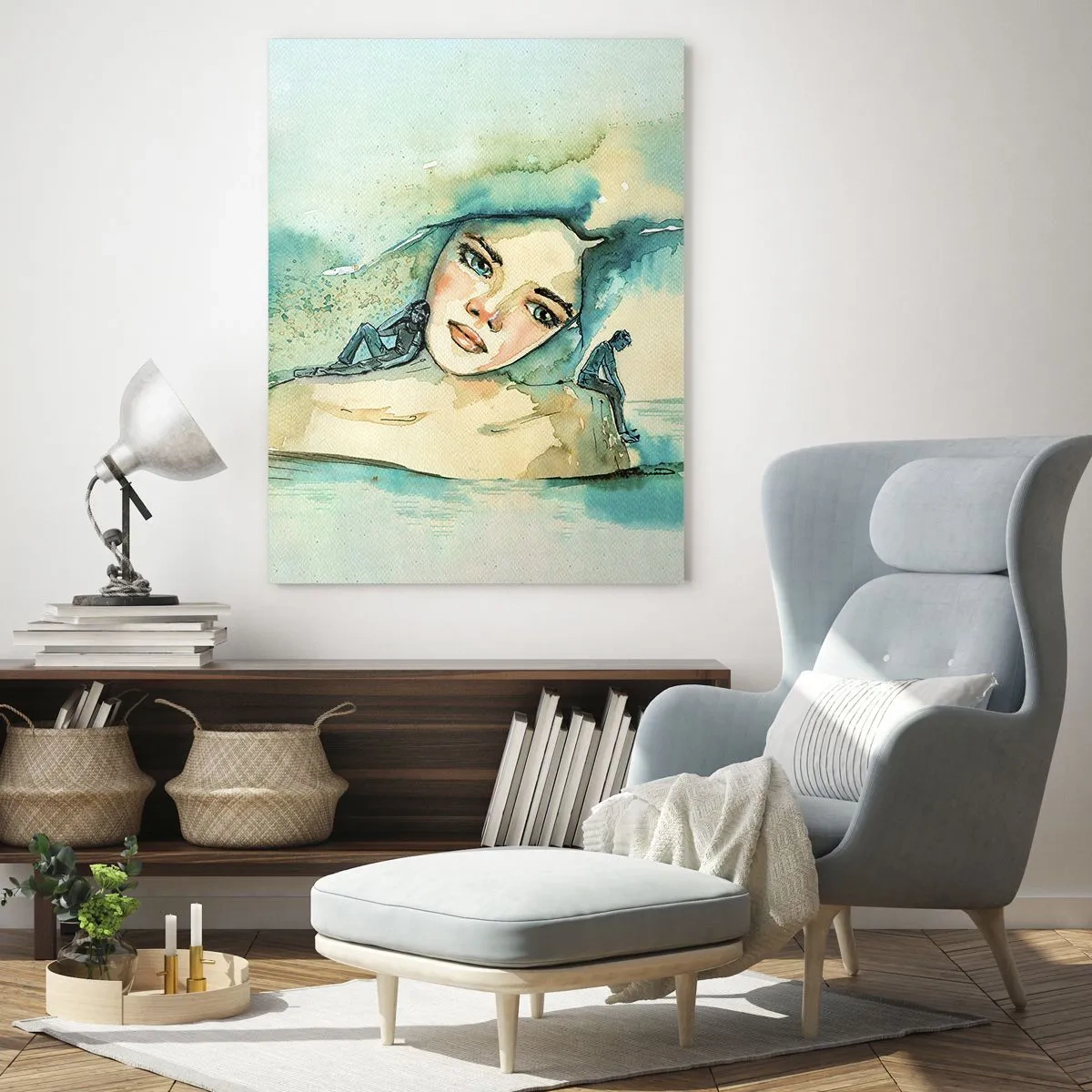 Quadro su vetro - Ritratto di donna in stile acquerello con sagome di figure - 50x70cm - Am I blue? - Decorazione murale moderna per soggiorno e camera da letto ARTTOR