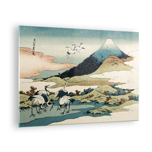 Quadro su vetro - Dipinto di uccelli in un paesaggio giapponese con vista sul Monte Fuji. - 70x50cm - Nello spirito giapponese - Decorazione murale moderna per soggiorno e camera da letto ARTTOR