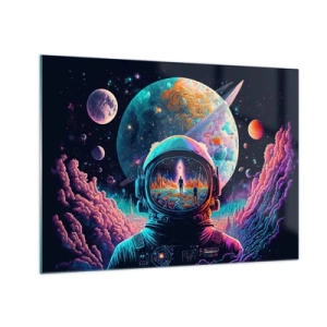 Quadro su vetro - Un paesaggio spaziale con un astronauta e un pianeta surreale. - 70x50cm - I filosofi non l'avevano pensato - Decorazione murale moderna per soggiorno e camera da letto ARTTOR