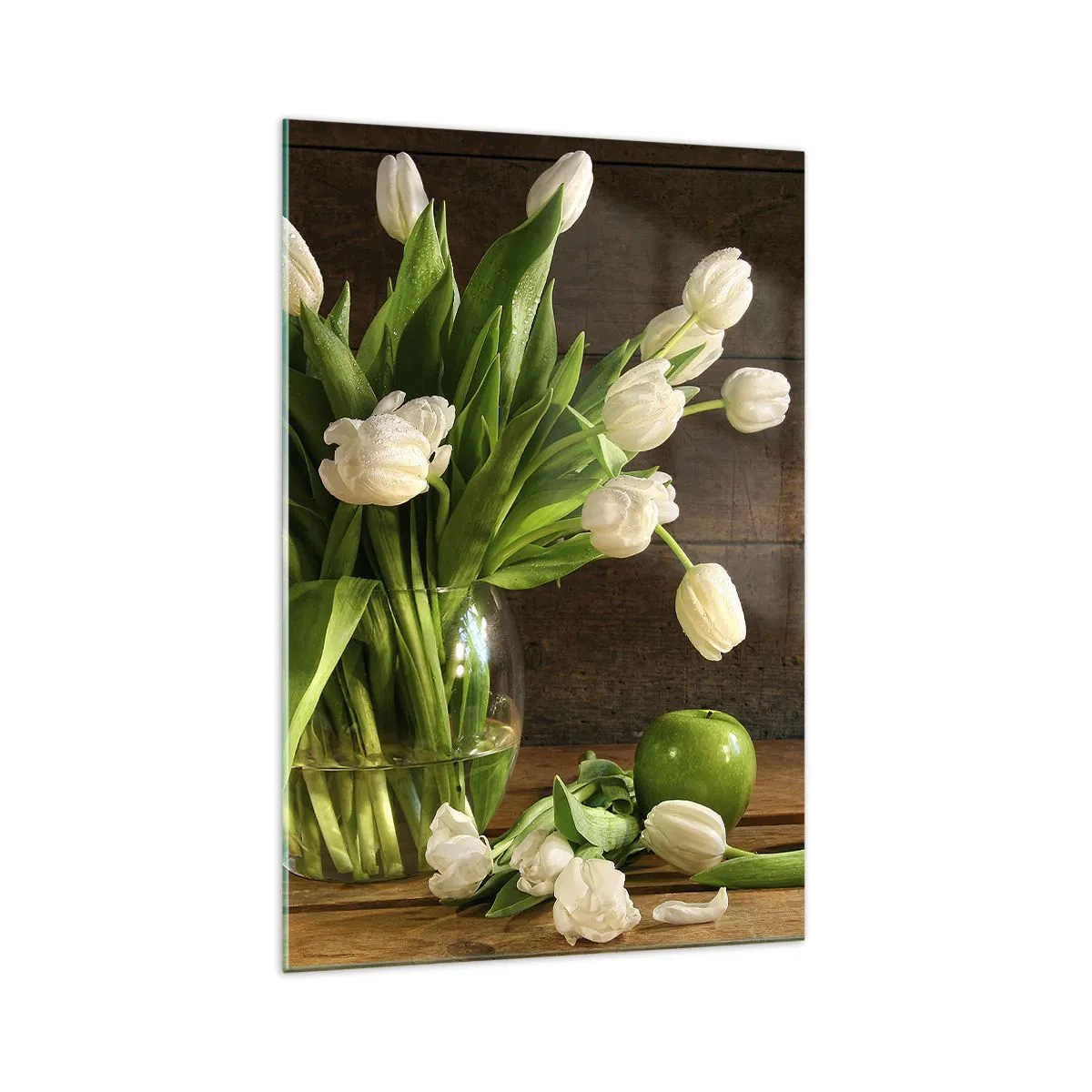 Quadro su vetro - Un bouquet di tulipani bianchi in un vaso di vetro con mele verdi - 70x100cm - Freschezza in verde e bianco - Decorazione murale moderna per soggiorno e camera da letto ARTTOR